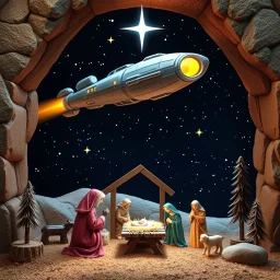 Galactic Nativity scene with a starship.