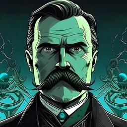 Futuristic, cyberpunk implants, Friedrich Nietzsche, Friedrich Nietzsche mustache, Comic style