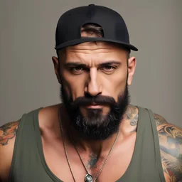 Man, 40 Years old, Turkish, One, Dwarf, Skinny, Thick, Muscular, Colored tattoos, Modern tattoos, Classic tattoos, Serious face, Seductive pose