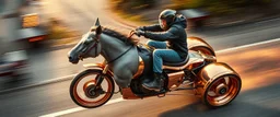 seen from above, tattoo style, motion blur, airbrush art, elon musk riding an awesome trike spaceship in copper, fast one in the shape of a horsepig is half horse half pig, now its gonna do an awesome gig , bokeh like f/0.8, tilt-shift lens 8k, high detail, smooth render, down-light, unreal engine, prize winning