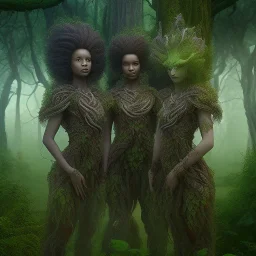 photo. .three women. A mother. Two daughter. Twins. A mother with her children. three young black women. wood nymphs emerging from the forest. Her hair looks like vines. Dreadlocs. Her skin is the colour of dark soil. Her skin looks like tree bark. Her clothing is made of vines, grass and leaves.