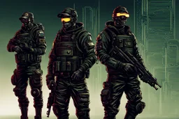 three hacking soldiers in the style of cyber punk