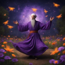 Hyper Realistic Sufi Whirling with Purple & Orange Islamic Sufi Rustic Grungy in a beautiful flower garden at dark night with fireflies & starts on sky