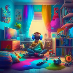 A boy is sitting on the sofa in his room listening to music with headphones, and his toys have come to life and are playing around him. A room full of joy and color.