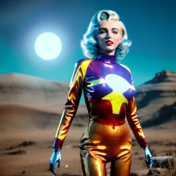 Realistic movie image, retro sci-fi, portrait, blonde action woman, sweet Marylin Monroe face, perfect iris, glow eyes. tight latex tights suit. Mars attack style, Retro strange planet, ovni flying. epic style, vibrant color, highly detailed, unreal engine 5, ray tracing, RTX, lumen lighting, ultra detail, volumetric lighting, 3d, finely drawn, high definition, high resolution.