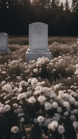 A grave in a field full of flowers. Above the grave is a white lace scarf and a gun.cinematic