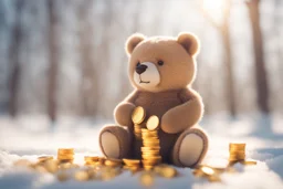 cute chibi bear sadly counting his money and golden coins in winter, snowy scene in sunshine, ethereal, cinematic postprocessing, bokeh, dof