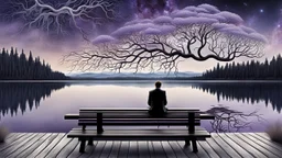 a figure sits with his back to the camera on a beautiful bench in a beautiful landscape and overlooking the water of the nearby lake, calm, harmonious atmosphere, muted dark colors, purple, white, gray, brown, silver, blue, pale colors, , not too colorful colors, Whimsical style and giant stunning neuron network all over the sky surreal stunning vibe