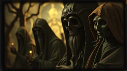 Daguerrotype close up some mysterious figures, odd background, cinematic, Hieronymus Bosch Max Ernst ambient light, by Minicavio Quollati and Marlost Endgulp, Amano, Botticelli, Alphonse Mucha