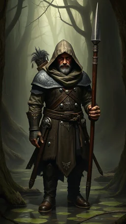 create a middle-aged hooded man, large size 5 meters for Dungeons and Dragons, light brown skin, with dark hair, dark green eyes, wearing scale armor a bow behind and a light spear a traveling boots in a hanted swamp, realistic, digital art, high resolution, powerful lighting