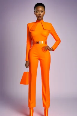 Full head to toe portrait + profile of a creature with (((a flat orange triangle pointing downwards for a head))), large round eyes like bright yellow headlights, a small body, its feet are in seamless silver and orange skin-tight boots with its skin-tight jumpsuit. It stands out against a white background.
