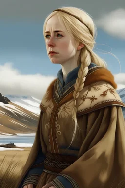 blonde woman in traditional Icelandic clothing, realistic drawing far away