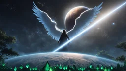 matrix universe, space, planets, god creation, angels from other dimensions with beautiful wings, trees on the planet, behind green crystals of light, few tiberium monolith deposits on the planet near tree,