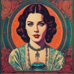 colored silkscreen print of a young French female fortuneteller , with highly detailed facial features ,in the style Ann Chernow, with a fine art aesthetic, highly detailed , realistic , 4k UHD cinegraphic quality