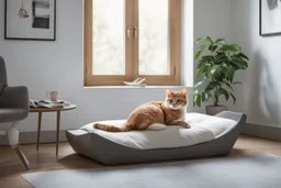 Lifelike cat-shaped bed with a cat lying on it in an elegant bedroom, bedside table, window, pictures on the walls in sunlight.