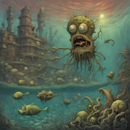 Surreal mutant decayed SpongeBob Squarepants monstrosity, 'he lives in a nightmare under the sea', alternate zombie SpongeBob and Squidward, by Zdzislaw Beksinski, by Jack Davis, by Dave Kendall, sinister unnatural comix underwater landscape, surrealist horror art, creepy eerie dystopian.