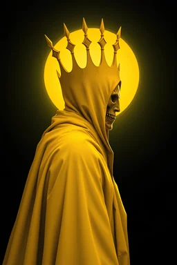 Hastur- the king in yellow, profile picture, his robe where his face should be is hollow and peering to the side, he is wearing a yellow iron crown , the crown is minimalistic and and it's molded into his robe, his face is behind a grotesque mask, a dimly lit ghostly light shines behind him, the background is a dark void, immaculate Renaissance dot shading,