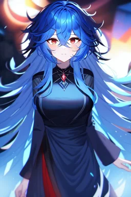 girl, masterpiece, best quality, cinematic lighting, detailed outfit, vibrant colors, perfect eyes, red eyes, long hair, blue hair, messy hair, hair between eyes, depth of field, ray tracing,