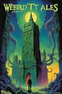 Weird Tales Magazine cover, Lovecraft's "Cthulhu towers dreaming over White House", by Michael Whelan, by Lee Brown Coye, colorful modern horror comic, sinister-looking nightmare background, Whelan's visceral twisted style, eerie, scary, dark colors, dramatic, Uv reactive blacklight effects