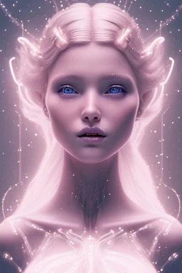 fairy style, head, women, portrai, tron sketch of a girl on lined paperA beautiful one nude body of a make up smiling woman blond long hair, alone, high key lighting, volumetric light high details with white stripes and blue eye, smiling with plump pink lips, flowers around, unreal engine petit prince belle fine, profil de trois quart, grand front cosmique, peau bleu cristalline, yeux bleu, perle sur le front long cheveux blond et rose etoilé, cristaux sur le corps, collier de grande princesse,