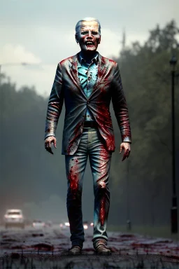 Ultra realistic image, joe biden zombie, zombie performance, blood, torn arm, night, walking twisted, waist up view, walking dead style, dark ambient, highly detailed, sky background, concept art, unreal engine 5, god rays, ray tracing, RTX, lumen lighting, ultra detail, volumetric lighting, 3d, finely drawn, high definition, high resolution.