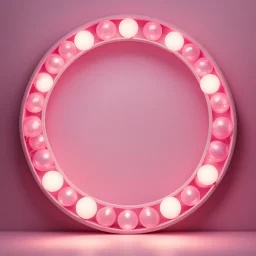 A pink round picture frame with round light bulbs all around on a light background to remove