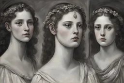 It's not that Circe's sisters were ugly, no. It was just that everything about them contrasted strangely with each other. Individually, each feature in the sisters' appearance was beautiful in itself—their large eyes, for example, could have stunned if they belonged to any other woman. But at the same time, everything about them was "too much" — the hair seemed too black, like clumps of impenetrable darkness, and combined with parchment-white skin and blood-red lips created an absurd, shocking i