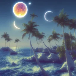 1980's vaporwave aesthetic palm trees with lightning with lunar eclipse moon crescent in the ocean waves sunset