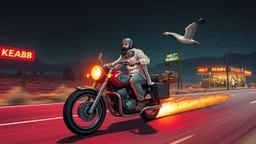 The kebab man driving fast on his holy motorcycle, fire from the exhaust, holy widescreen picture, holy empty road on the holy country at night, comic style, no helmet and he have a long holy black beard, neon kebab signs along the road, jesus stand at his market stand selling holy kebabs, simon stålenhag style, flying goose kebab