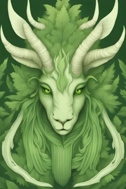 an illustration of a fantasy forest creature with one horn, two wings, green eyes