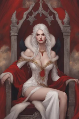 Beautiful white haired Vampire queen on her throne, drawing. Wearing a red cloak with a fur collar