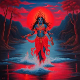 An oil painting of goddess Kali crossing a lake, neon red colors