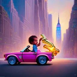 A one-year-old boy rides in the plastic funny toy-car on the middle of a busy street in new york. He has and a large-brimmed straw hat. somehow photographic bright colors and sunset, fantasy art, Anna Dittmann, digital painting, dan mumford, oil on canvas, jeff koons, akihito yoshida, wlop, kodachrome,