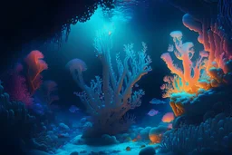 A surreal, underwater world with towering coral structures and a vast array of vibrant marine life, bathed in the soft glow of bioluminescent organisms.