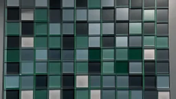 An indoor top-down view of several square panels arranged in a grid-like pattern. The leftmost panel is a dark grey and the right panel has a light grey color, each with slightly different colored sections. The panels are placed to give a three-dimensional effect. At the top edge of the frame, there is a dark green area that lines up more evenly.