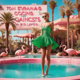 In the dazzling city of Las Vegas, amidst the neon lights and shimmering facades, stands a woman unlike any Don Quixote has encountered in his adventures. Clad in a short green dress that sparkles under the desert sun, she finds herself in a most curious setting—a pink swimming pool teeming with flamingos and bananas.