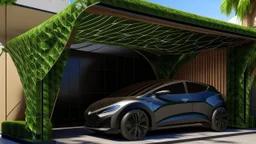 Irregular trapezoidal structure that forms a construction with a dense vine on the right side and on the left a room where there is a modern car and a person, a type of awning provides shade for both,