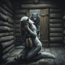 in the middle of a wooden hut an pale gray body hair pregnant anthropomorphic wolf woman creature kneeling, crying and covering eyes with her pawes, in background in the door stands dark gray body hair anthropomorphic wolfman and looking the female wolf. high contrast, high detalied, high realistic, sharp focus. The atmosphere is a seamless blend of sci-fi, dark fantasy