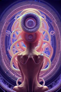 Spiritual being with Tentacles over human Head creating reality around, wrapping Spiral around people, Psychedelic