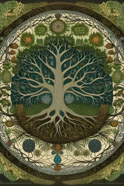 Mandala with forest, muschroms, roots, trees