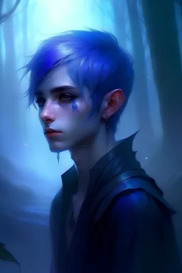 blue violet hair, elf, anime, short hair, fantasy world, male, grown up, fog, dark