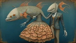 "The Salmon Dance" depicts a Couple with giant salmon heads in formal dance wear that is intricately detailed with quilling from things found in nature; surrealism; Ben Templesmith