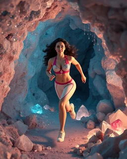 make a picture pretty crystal cave covered with jwells and 3d recursive cubic and sphere base pearls and Gemstone species, a beautiful goddess lady with cute,curvy hair,makeup, in pretty sports suit with jewels is running inside cave ,dynamic camera fallow her inside cave capturing full body, dynamic lights.