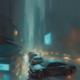 an oil painting of a top view shiny abandoned futuristic city at night, artstation, illustration, comic, blur, low quality, by Henry Asencio, by Bo Bartlett