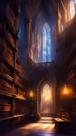 a scene of a wizard's library hidden away in a towering spire. Highlight the ancient tomes, magical artifacts, and the ambient glow of mystical knowledge.