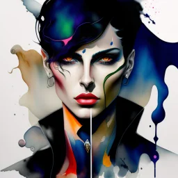 a headshot of an androgynous person with shoulder length black hair and ((heterochronic eyes)), intricately detailed, watercolor splash art