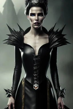 portrait of shae marks as evil queen in black leather gown, leather, angry, stern look, volumetric lighting, particales,highly detailed,cinematic, deep colours,8