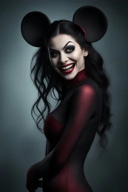 inspired by all the works of art in the world - laughing - Zym Fandell, an extremely tiny, thin, voluptuous beautiful mickey mouse-faced vampire werewolf female with long, black hair, full body image, wearing a skinsuit, Absolute Reality, Reality engine, Realistic stock photo 1080p, 32k UHD, Hyper realistic, photorealistic, well-shaped, perfect figure, a multicolored, watercolor stained, wall in the background, hickory dickory Clock