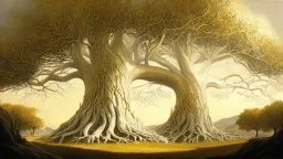 Valinor, tolkien, two giant trees, one giant golden tree, one giant silver tree,