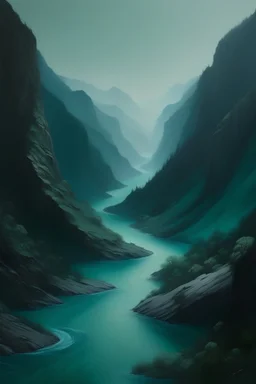 A dark teal river ravine between mountains painted by Zhang Lu